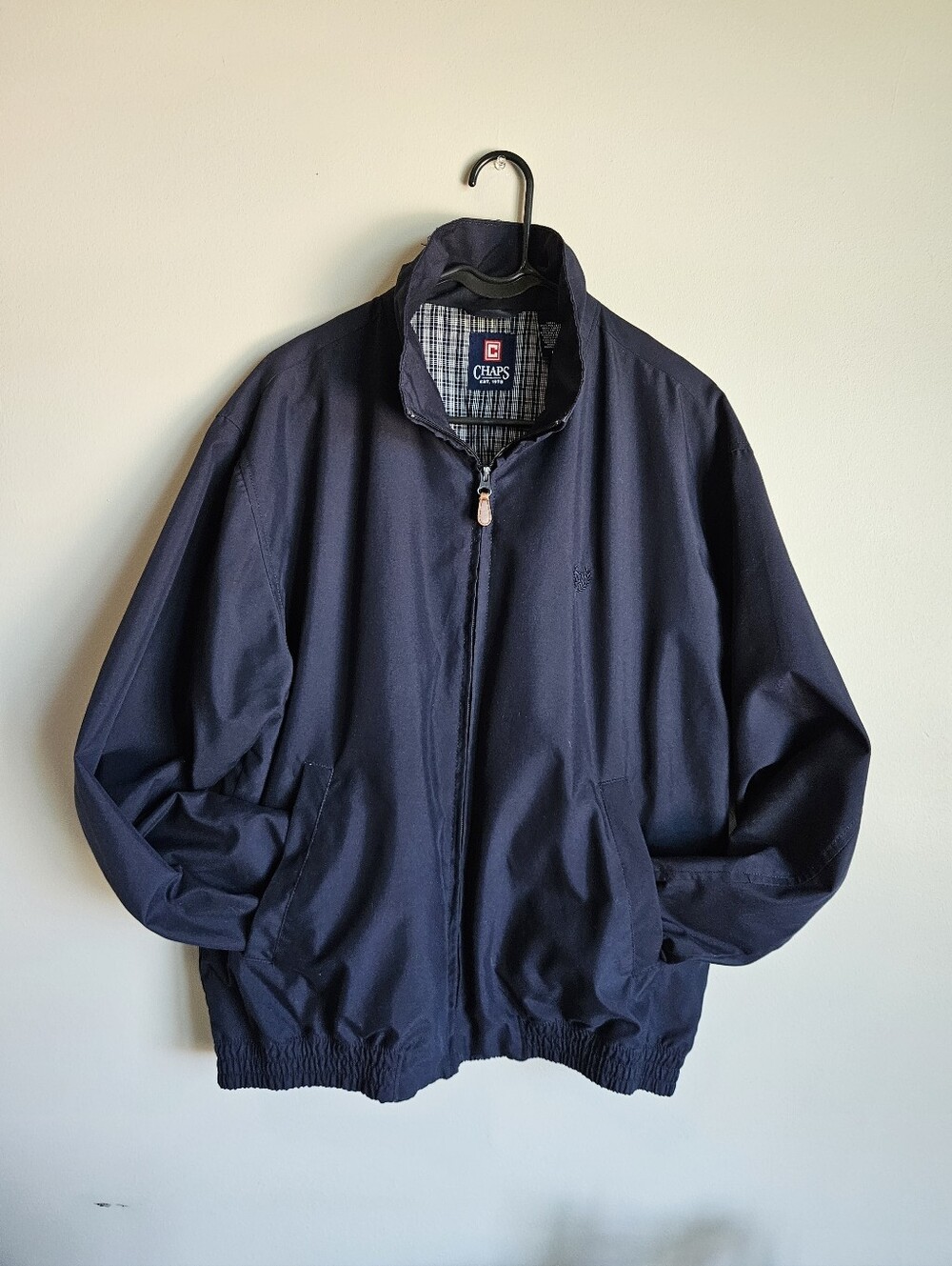 Chaps Men’s Navy Harrington Bomber Jacket Plaid Lined Size M